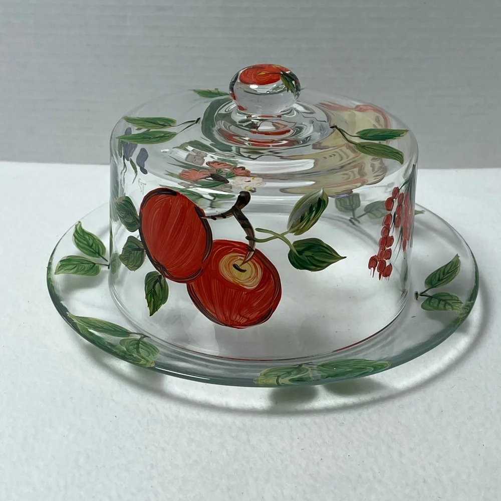 Vintage  Hand-Painted Glass Butter Dish with Red Fruit Motif